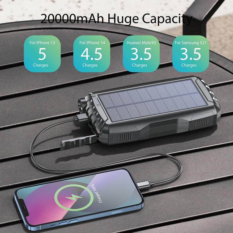 20000Mah Portable Solar Power Bank, Dual USB Output Port Waterproof Power Bank with LED Lights, Solar Power Charger for Iphone Android Phones, Phone Charger for Summer